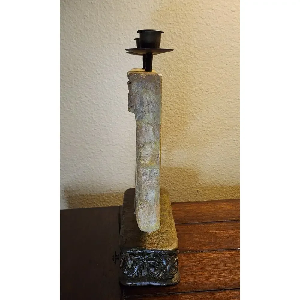 Vintage Jesus Last Supper Plaster Art Cast Iron Stand Brass Candle Holder 11